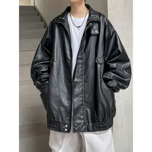 
FHHUABD leather jacket men autumn and winter American retro handsome street-like loose casual motorcycle suit pu leather jacket wjs-w9274 brown M