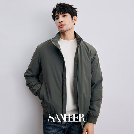 SANHEER Business Gentleman Super Soft Technology Insulation Cotton Filling Warm Men's Lapel Lightweight Cotton Jacket DAC095 Green Gray L /50