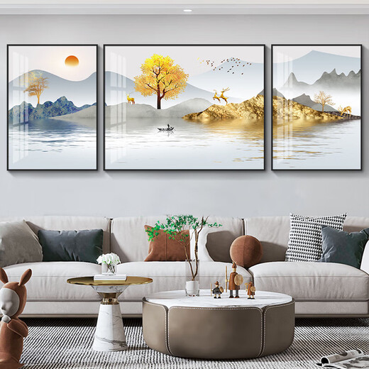 现代简约客厅装饰画沙发背景墙壁画大气轻奢三联画挂画镶钻晶瓷 两边40*60中间80*60 尊贵黑框 高 HJ-3883-福禄双临