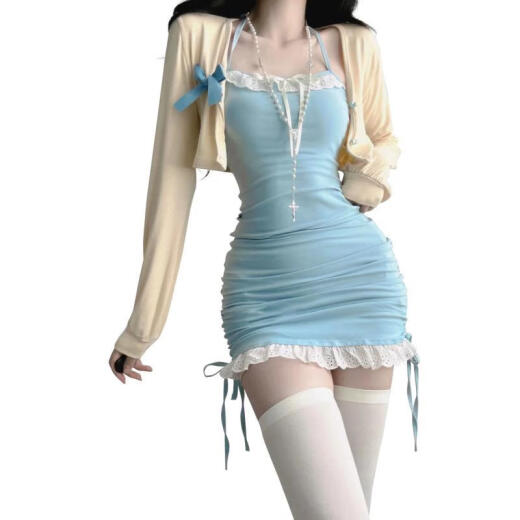 
Yi Jingxuan (YIJINGXUAN) Spring and Summer 2024 Set of women pure sexy hot girl waist-hugging suspender halter neck tight little mother hip skirt two-piece nightclub blue suit/cardigan (blue knot) + blue dress M 95-105Jin [Jin equals 0.5 kg]
