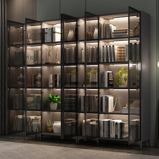 Puerta de vidrio de estantería de Zaitang Luz moderna Gabinete de exhibición de gabinete a prueba de polvo de lujo con puertas y almacenamiento de gabinete de soporte Combinación de gabinete estrecho Gabinete 120*30*15844 Vidrículas grises de marco negro