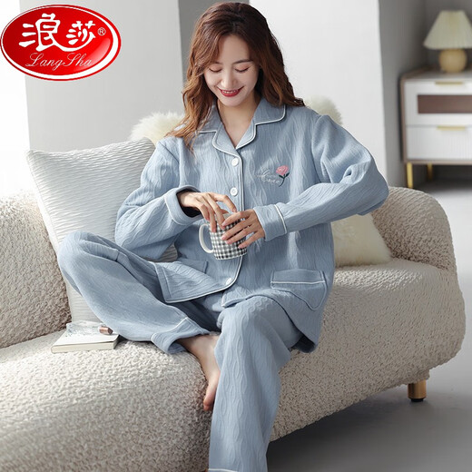 浪莎（LangSha）秋冬季空气棉夹层睡衣女纯棉长袖夹棉加肥妈妈家居服套装居家服 844薄.款 M