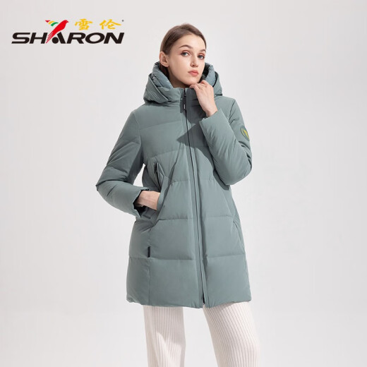 雪伦中长款羽绒服女简约百搭袖标秋冬外套 13567 玄青黑 2XL