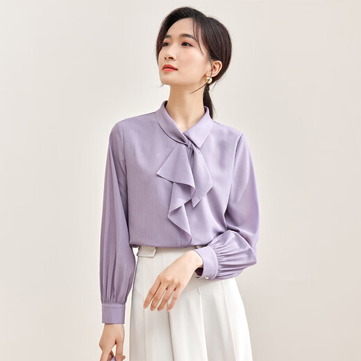 Shandubila elegant temperament, sophisticated and fashionable fluttering collared shirt women's long-sleeved chiffon shirt commuting all-match top purple M