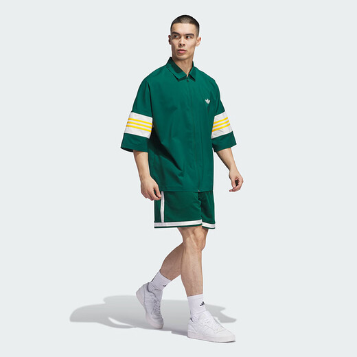 阿迪达斯 （adidas）三叶草男装 25夏季新款情侣款半袖运动宽松七分袖翻领衬衫 IY7373/森林绿 XS