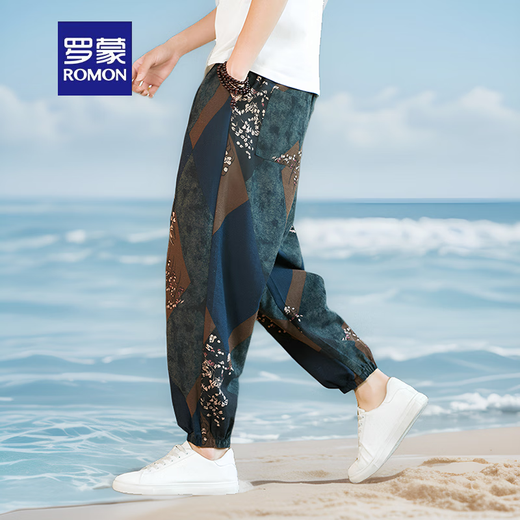 罗蒙（ROMON）亚麻夏季男士印花灯笼裤宽松束脚九分哈伦休闲裤大码中国风花裤子 K987藏青色 M 【建议100-120斤】