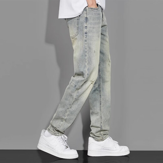 Zhidoudou American Retro Yellow Bud Jeans Men's Automn Wash High Street Straight Loose Spring et automne Pantalon décontracté pour hommes nostalgiques 1098 Bleu clair 28