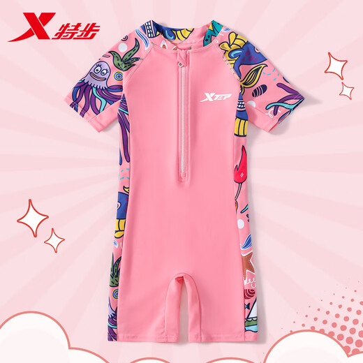 Xtep Children's Swimsuit Girls 2022 New One-piece Girls' Professional Training Swimwear for Large Children, Sunscreen Swimming Equipment, Octopus Tender Pink, Short Sleeves - Highly Effective Sunscreen, Size 12, Recommended Height 125-135cm