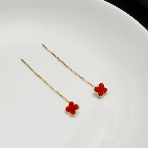 Mansheng red four-leaf clover tassel earrings for women 2026 new high-end light luxury niche unique simple temperament earrings pair