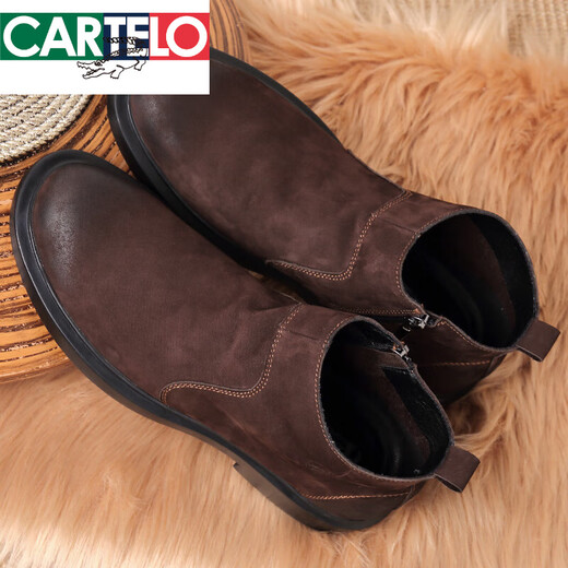 CARTELO leather boots men's genuine leather autumn and winter zippered boots men's Martin boots fur men's shoes high top leather shoes men's toe layer cowhide brown. Genuine leather 15605 plus velvet inner 37