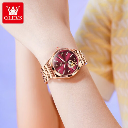 OLEVS Swiss certified brand watch women's mechanical watch fully automatic waterproof luminous women's watch hollow diamond-set fashion watch OLEVS-6636-steel belt rose shell red surface