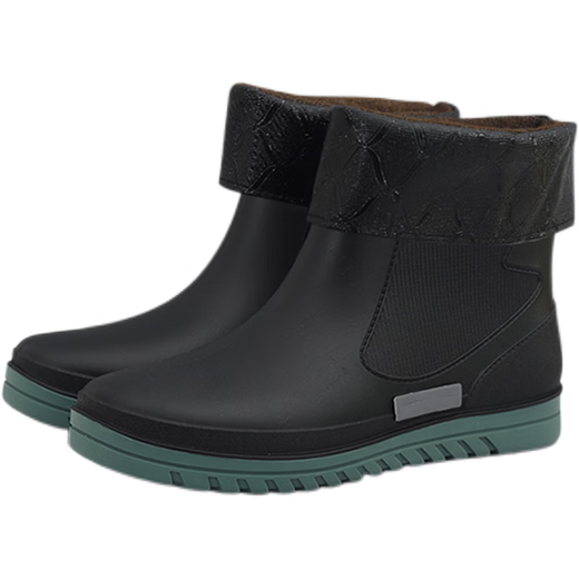 Chaussures d'eau à oxygène, bottes de pluie antidérapantes, chaussures de cuisine en caoutchouc antidérapantes résistantes à l'usure pour hommes, toutes saisons plus velours, doublure en coton chaud, tube court doux, 728 noir, fond vert, doublure en coton (taille plus grande, 43 (taille standard)