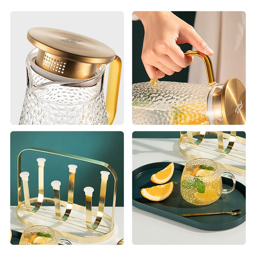 Fuguang glass cold kettle, household heat-resistant high-temperature large-capacity tea kettle, cold boiled water cup, family set, kettle 2200ml + water cups (6 pieces) + shelf + plate