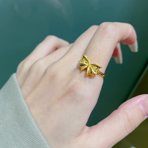 BXE Gold 9999 Bow Ring Fugitive Princess Live Ring Holiday Gift for Girlfriend or Wife Gold Bow Ring 1.56g