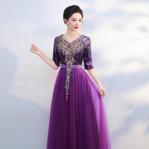 Li Baixin large choir performance clothing female adult host conductor stage performance clothing purple new evening dress banquet dress purple XL recommended 110-120Jin Jin equals 0.5 kg
