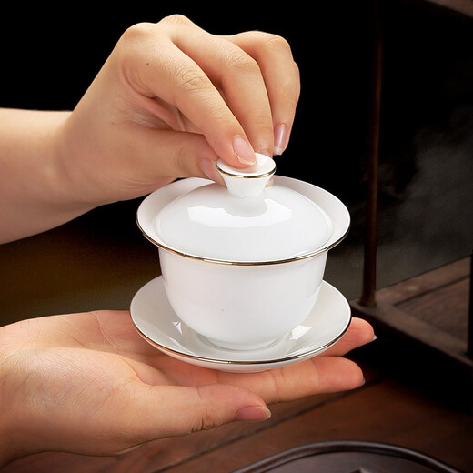 Jieyi Ceramic Tea Set, Mutton Fat Jade Tea Cup, Kung Fu Covered Bowl, Teapot, Teacup, Dehua White Porcelain Tea Cup, Master Single Cup, Mutton Fat Jade Covered Bowl, Gold Painting