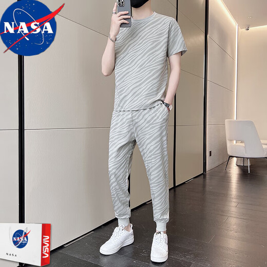 NASA RHUDE夏季冰丝短袖T恤运动套装男潮牌男装套装潮流休闲男夏天衣服夏装 719灰色(短袖+长裤) 4XL (175-190斤)