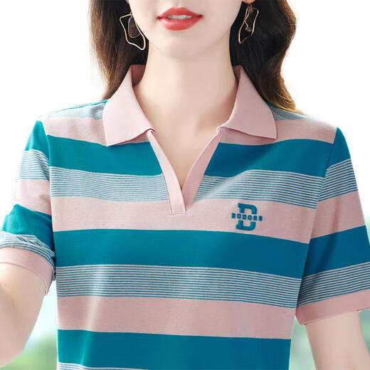 Dutron Cotton Revers kurzärmeliges T-Shirt für Frauen im Sommer Neues lose und atmungsaktives halbärmeliges Streifenpolo-Hemd mit mittleren Alterszeiten für Frauen, Gelb 3518 Modell 2xl (Empfohlen 120-130jin [Jin gleich 0,5 kg]))