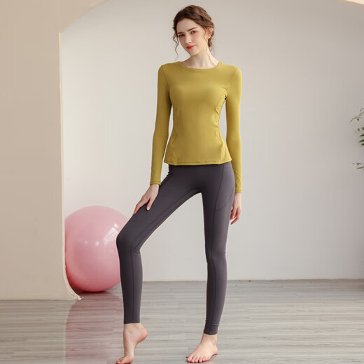 Sporn Yoga Wear Women's Long Sleeve Autumn and Winter Sports Suit with Breast Pad for Fat MM Fitness Clothes Loose Large Size Pilates Fitness Clothes Pickle Green Top (with Breast Pad) + Iron Gray Trousers XL 120-140Jin Jin is equal to 0.5 kg