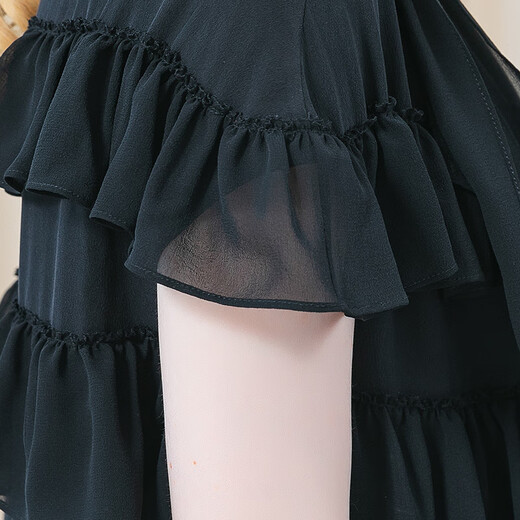 Voa Silk Double crêpe STRAP ROUND COUP DÉCORATIVE MANDE COURT COURTÉE GÉOGRÉTÉ GÉOGRENTE MURBERNE BLACK MURBERNE SOLK LONGE AE826 DARK COMPENIR (B13) M