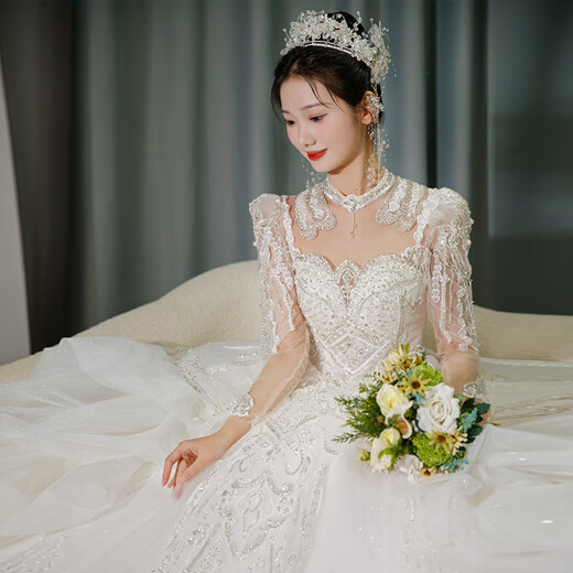 Red makeup wedding dress bride 2025 new long-sleeved heavy industry ceremony yarn Korean style fugitive princess welcome yarn main yarn off-white floor-length style S