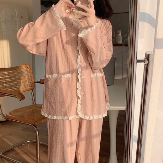 浪莎甜美2025春夏夏季提花棉质睡衣少女新款长袖长裤套装公主风家居服 带胸垫9904#杏色 M 建议80-100斤