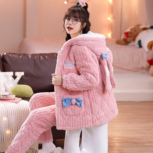 Fengteng Shijia Pyjamas Dreischicht verdickte Baumwollkorallen-Samt warme süße und niedliche Herbst- und Winter-Heimkleidung mittelgroß 9901 Pink M (vorgeschlagen 155-160 cm/75-90jin [Jin gleich 0,5 kg])
