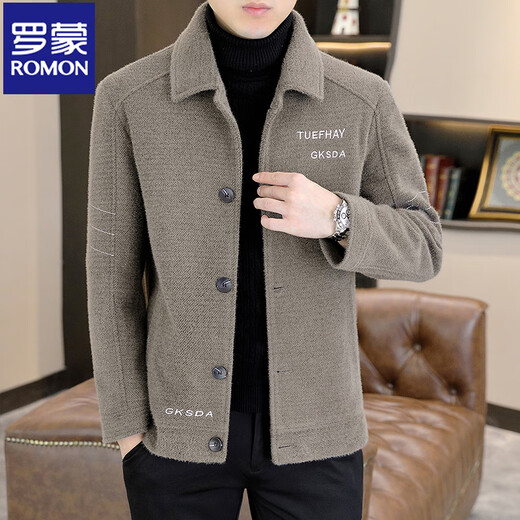ROMON High-End-Revers-Herren-Wolljacke für Männer im Herbst und Winter, lässige, verdickte kurze Wolljacke, goldene Nerz-Samtjacke für Männer, Khaki XL, empfohlen 120–135 Jin Jin entspricht 0,5 kg