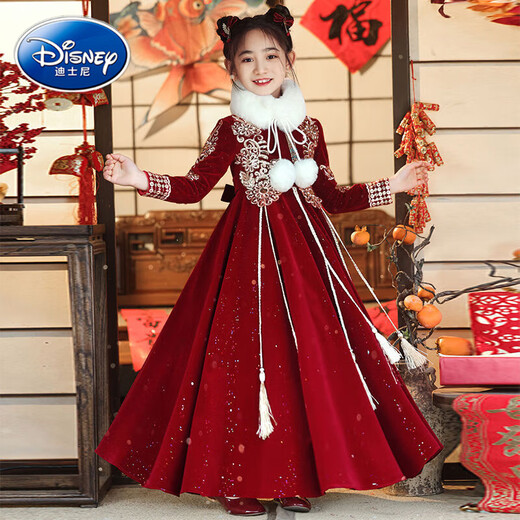 迪士尼女童汉服冬季加厚连衣裙2024新款中大童复古喜庆拜年服儿童唐装冬 9855红色加厚+毛领 140