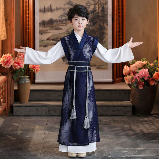 南糖三色男童汉服儿童中国风公子夏季薄款夏传统古装少爷小学生男孩夏装男 浅蓝色+扇子 170