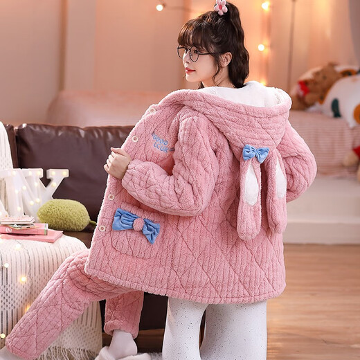 Fengteng Shijia Pyjamas Dreischicht verdickte Baumwollkorallen-Samt warme süße und niedliche Herbst- und Winter-Heimkleidung mittelgroß 9901 Pink M (vorgeschlagen 155-160 cm/75-90jin [Jin gleich 0,5 kg])