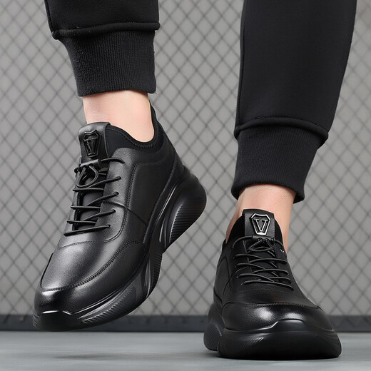 GENAI New Genuine Leather Sports Shoes Men's Casual Shoes Casual Leather Shoes Men's Business Shoes Heightening Shoes Trendy Shoes Men's Shoes Black Genuine Leather + Elastic Mouth Four Seasons Trendy Shoes 40 (250mm)