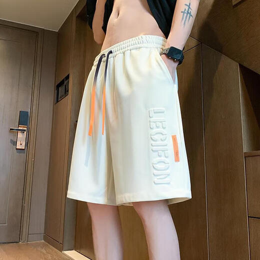 Harborside Shorts Men's Summer Trendy Brand Letter Embossed Five Points Casual Pants Youth Sports Medium Pants Student Summer Shorts Off-White L - (115-130Jin Jin is equal to about 0.5 kg)