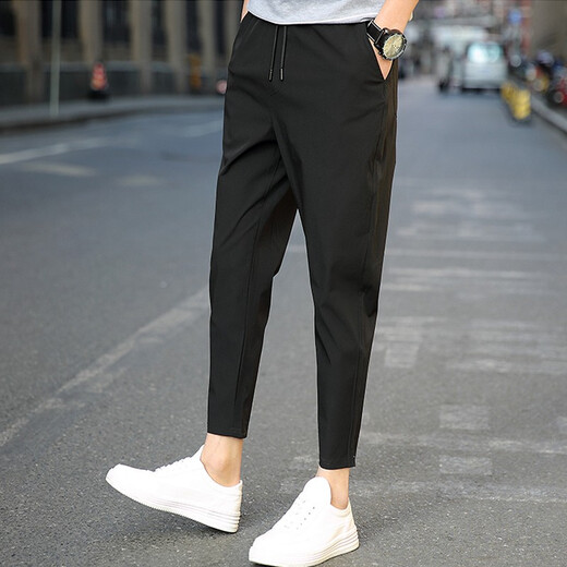 Dumeizi Pantalones casuales para hombres en verano Lace-up suelto delgado y versátil delgado y delgado Slim pies pequeños Harun nueve puntos Negro de moda