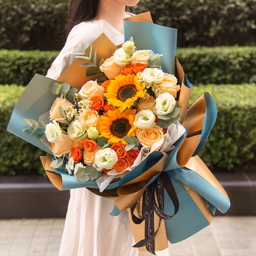 Huawang Flower Express Flower Gift Sunflower Bouquet Birthday Gifts for Elders, Leaders and Colleagues Same-day delivery within the same city Pepsi Shunyi Sunflower Champagne Korean Style Bouquet | DS934