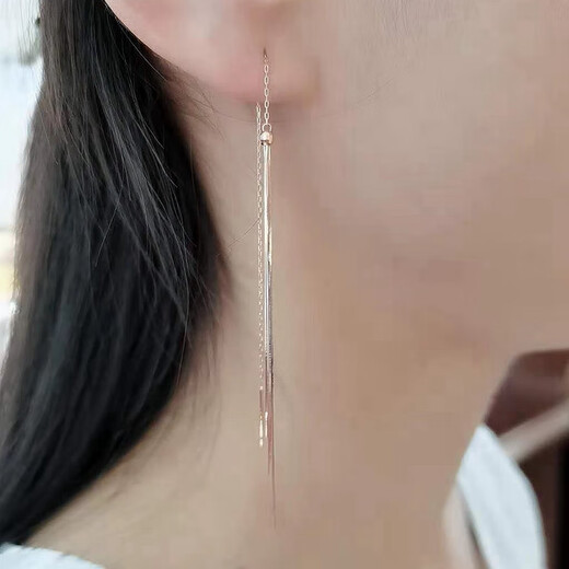 Beiyou 18K rose gold long earrings 18K gold stud earrings AU750 fashionable and versatile tassel earrings long 18K rose gold 1.65-1.7G or so