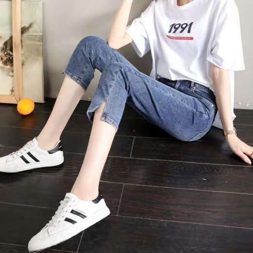 Fanzelang [alta calidad] Jeans elásticos de cintura alta para mujeres Straight Straight Spring y Summer New Slimming Nine Point Slit Pants 826 Elástico Blue Nine Point XS [72-85] Jin [Jin equivale a 0.5 kg]