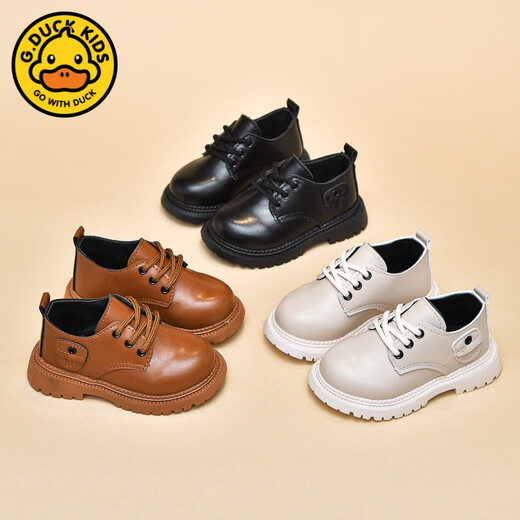 G.duck Little Yellow Duck Boys' Leather Shoes British Style 2024 Spring Soft Sole Children's Baby Shoes Korean Style Lace-Up Little Girls Leather Shoes Black 23