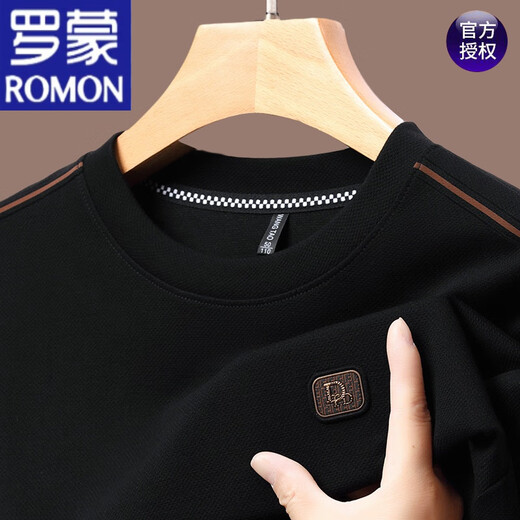 罗蒙（ROMON）男士长袖t恤2023秋季圆领卫衣男春秋华夫格打底衫 SY6625黑色 170/L120-135斤