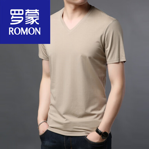 罗蒙（ROMON）夏季新款男士短袖t恤莫代尔纯色V领冰丝薄中青年休闲棉体恤衫上衣 9902宝蓝 175