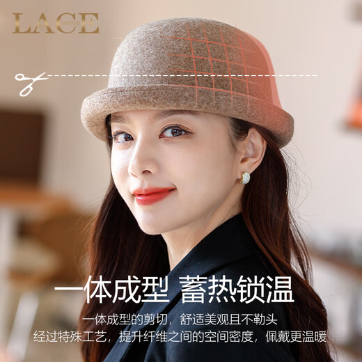 蓝诗梦戴渔夫帽子女士秋冬季羊毛盆帽时尚圆顶礼帽保暖卷边毛呢百搭大头围 咖啡色 均码适合55-58cm