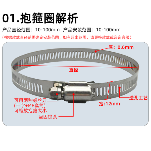 Min Hongshi Überwachung Hoop Halter Hoop Halter Hoop Streifen Vollstahl -Klemme 201 Edelstahl Hals Häuthop Telefonstange 100mm Ring 100mm