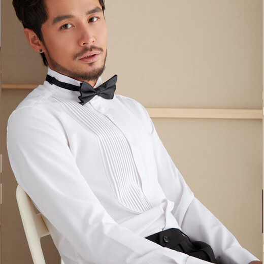 CULTUM法式胸前风琴褶正式礼服衬衫男翼型领商务修身晚宴长袖衫衣 白色 不包含领结和袖扣 XL