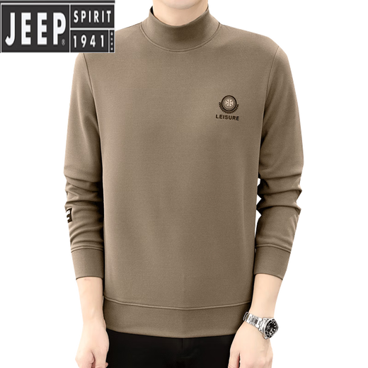 JEEP SPIRIT autumn and winter new men's velvet half turtleneck cotton sweatshirt long-sleeved T-shirt bottoming shirt slim fit skin-friendly inner wear Khaki M 85-110Jin Jin is equal to about 0.5 kg