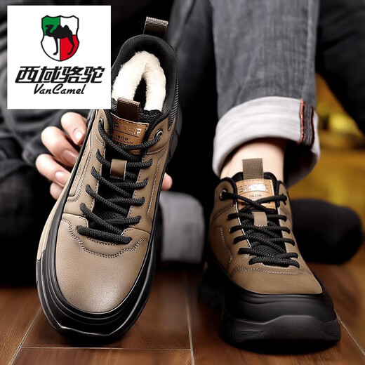 西域骆驼（VANCAMEL）棉鞋男2025冬季新款真皮加绒加厚羊毛雪地靴男士保暖休闲高帮男鞋 XG9852卡其加绒款 41 标准皮鞋尺码