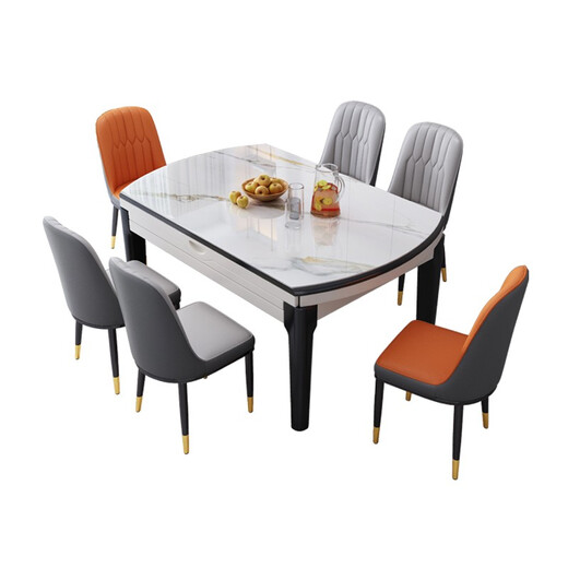 Morning Nest Slate Dining Table Solid Wood Dining Table and Chair Combination Modern Simple Retractable Folding Dining Table Restaurant Furniture Black and White Frame Glossy Snow Mountain White-111 Leather Chair 1.35 Meter Table and Six Chairs-12MM Rock Slab Thickness