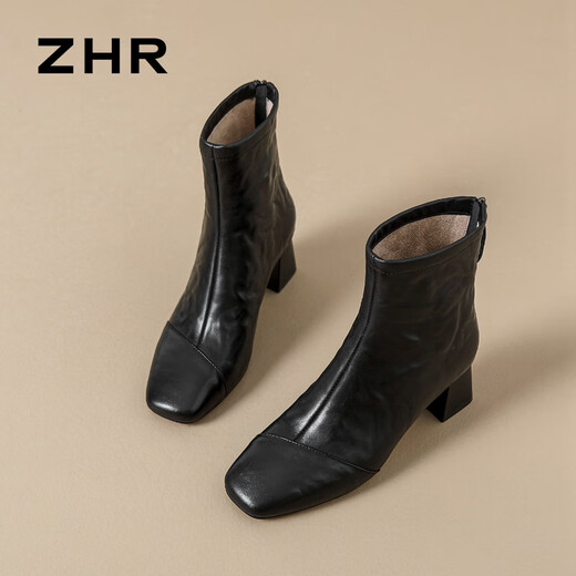 
ZHR top layer cowhide women's boots retro pleated thick heel short boots for women autumn and winter versatile boots for women S529 noble black 37