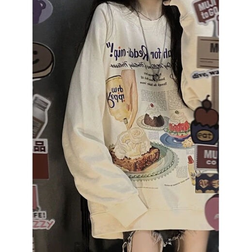 Zice Lazy Sweatshirt Women's Spring and Autumn Student Party Round Neck Printed Sweatshirt 2023 New Fashion Brand Autumn and Winter American Retro Round Neck 3600 Spring and Autumn Thin 1 Style Cheese Kitchenware - Milk Apricot M Recommended 60 Jin [Jin equals 0.5 kg] - 100 Jin [Jin equals 0.5 kg]