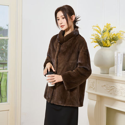 
DONGTIANJIA2025 new imported mink coat for women, whole mink medium-length stand-up collar mink fur fur coat for women, shoulders, brown M 100Jin [Jin equals 0.5 kg] or less