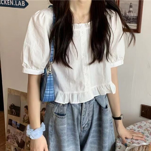 Suyoumi Summer New 2024 Camisa de manga corta de rufa Cúrcica de manga corta y cúrcuma de manga de hojaldre y manga dulce 701 M 95-105Jin [Jin equivale a 0,5 kg]